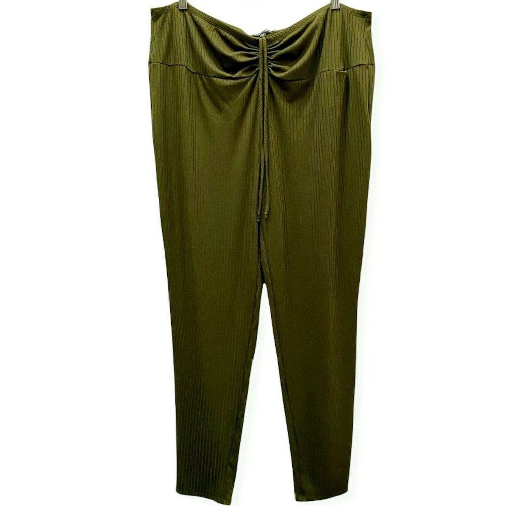 Curvy Sense Womens Size 3X Ribbed Wide Legs Drawstring Elastic Waist Pants Green